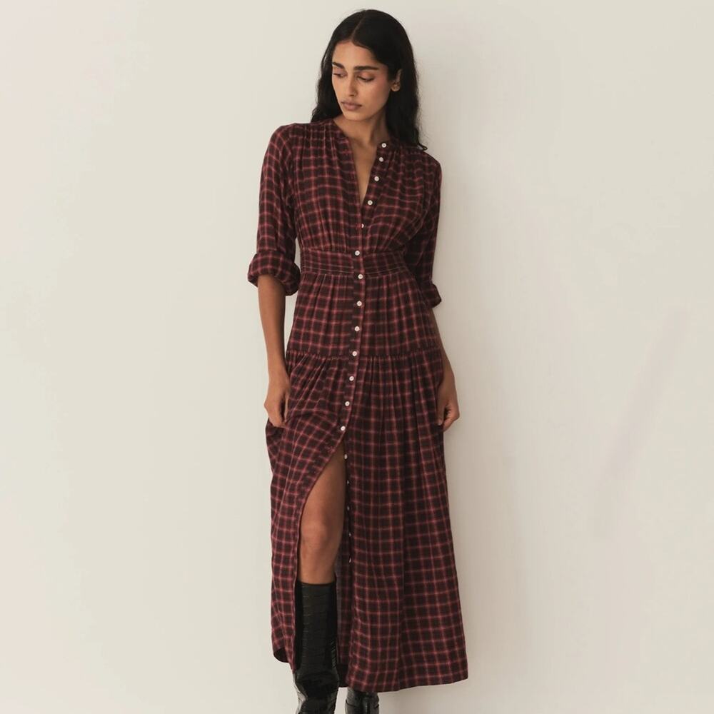 NWT Doen Annika Cotton Button Long Sleeve A Line Maxi Dress Countryside Plaid